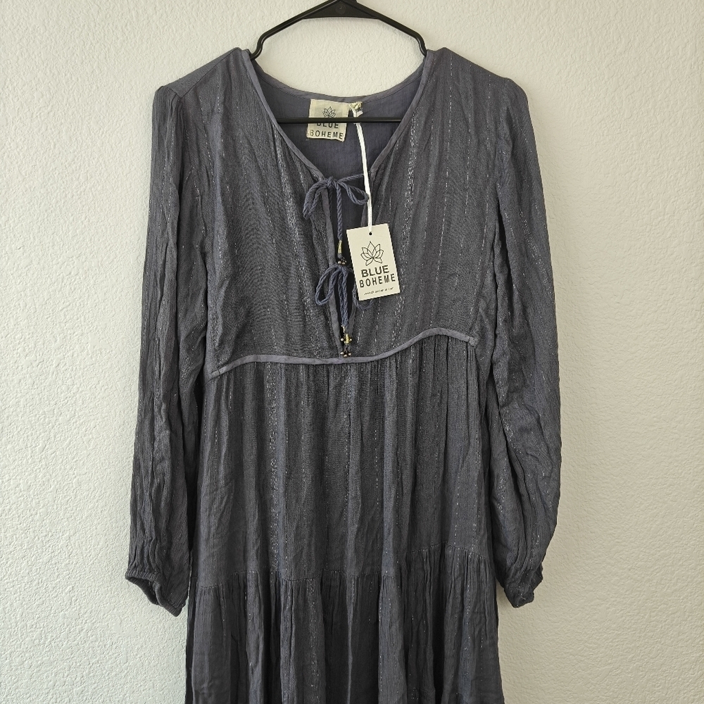 Blue Boheme NWT Grey Serenity Boho Cottagecore Long Sleeve Midi Dress Size S/M - Picture 4 of 13